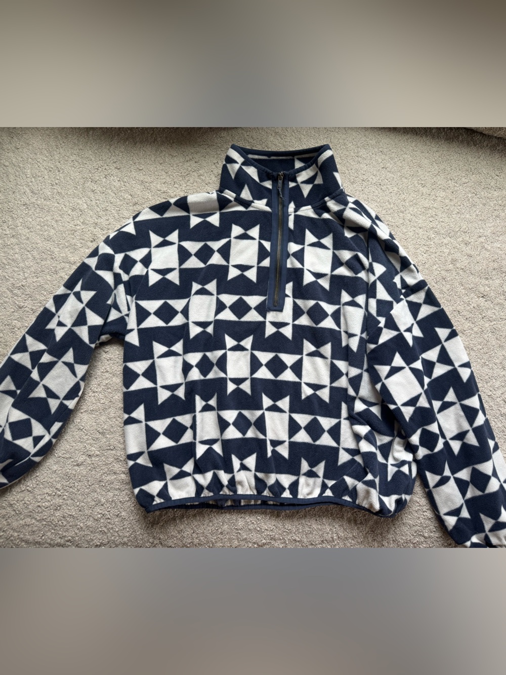 THE GREAT. Navy and White Geometric Half-Zip Fleece Sweater